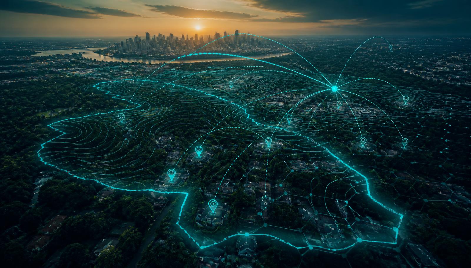 Aerial of leafy Atlanta suburbs with skyline and a glowing turquoise basin boundary overlay