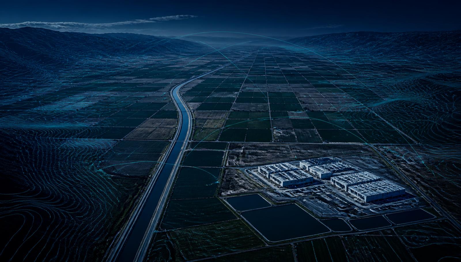 Aerial of California's Central Valley farmland, canal and a data center campus with turquoise basin overlays