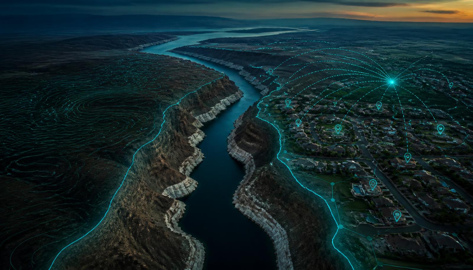 Aerial of the Colorado River canyon and irrigated development with turquoise basin overlays