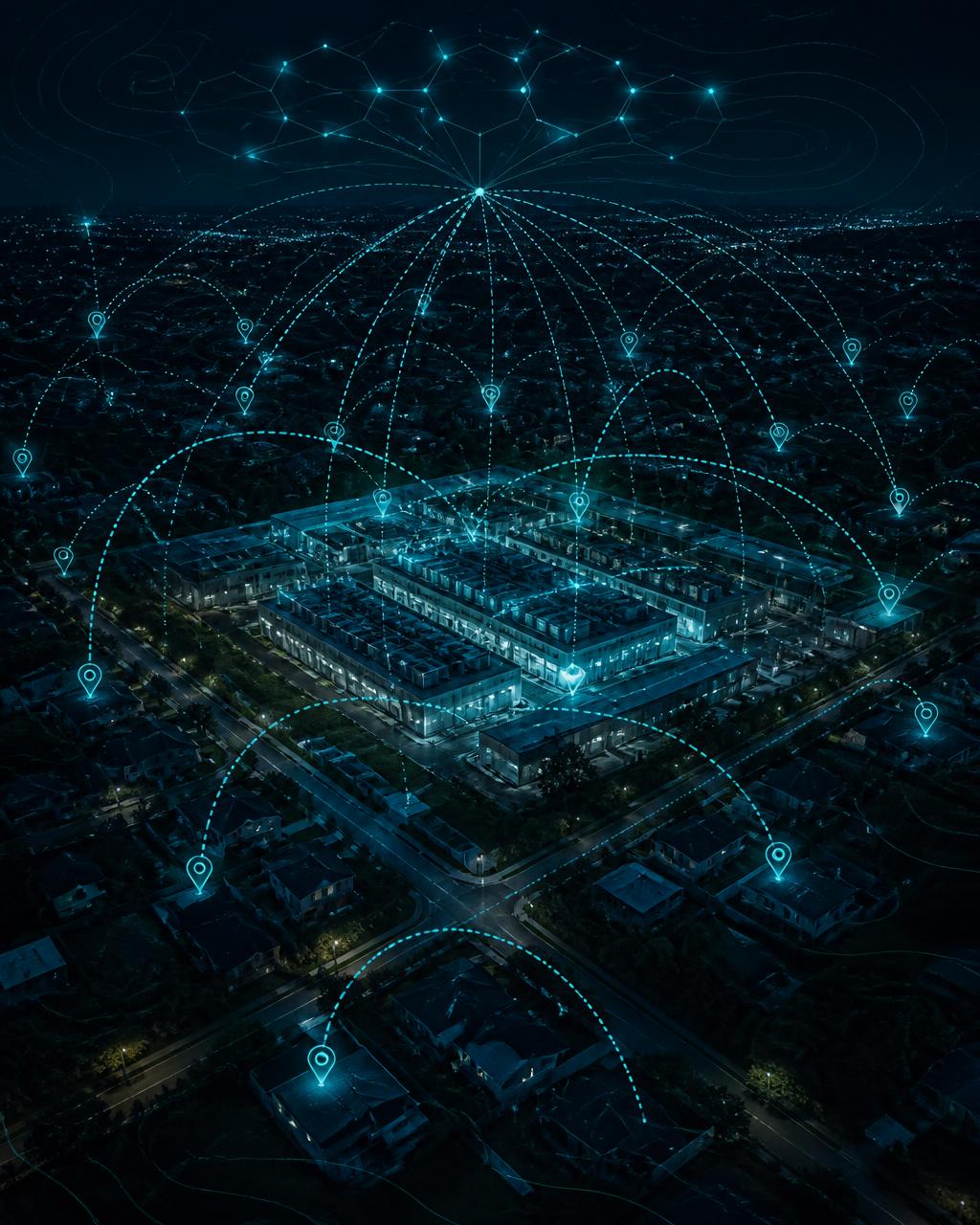 Night aerial of a data center campus surrounded by houses, with turquoise data arcs and geolocation markers
