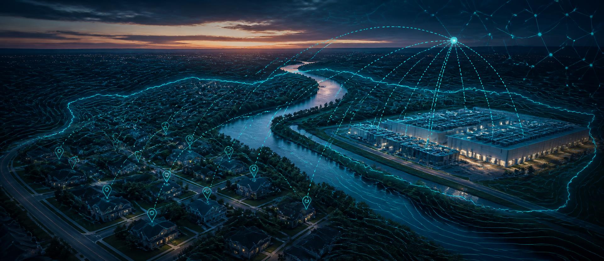 Ultra-wide aerial of a Sun Belt neighborhood and data center campus with glowing turquoise basin contours, data arcs and geolocation pins