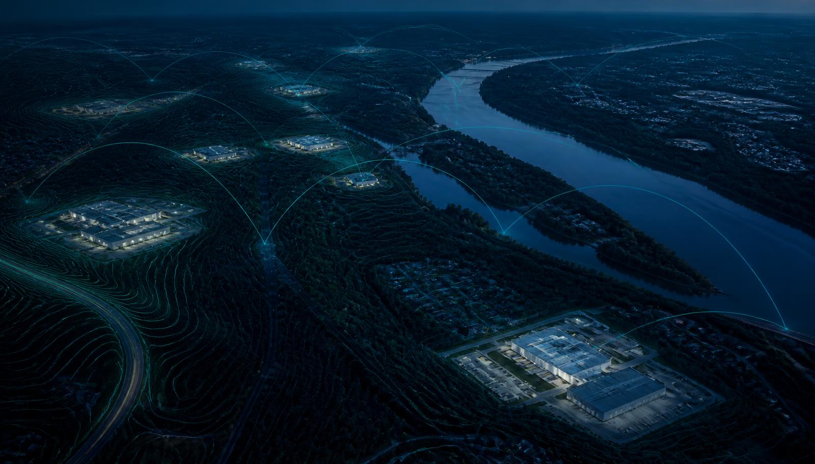 Aerial of Northern Virginia data center campuses among wooded suburbs with the Potomac and turquoise basin overlays
