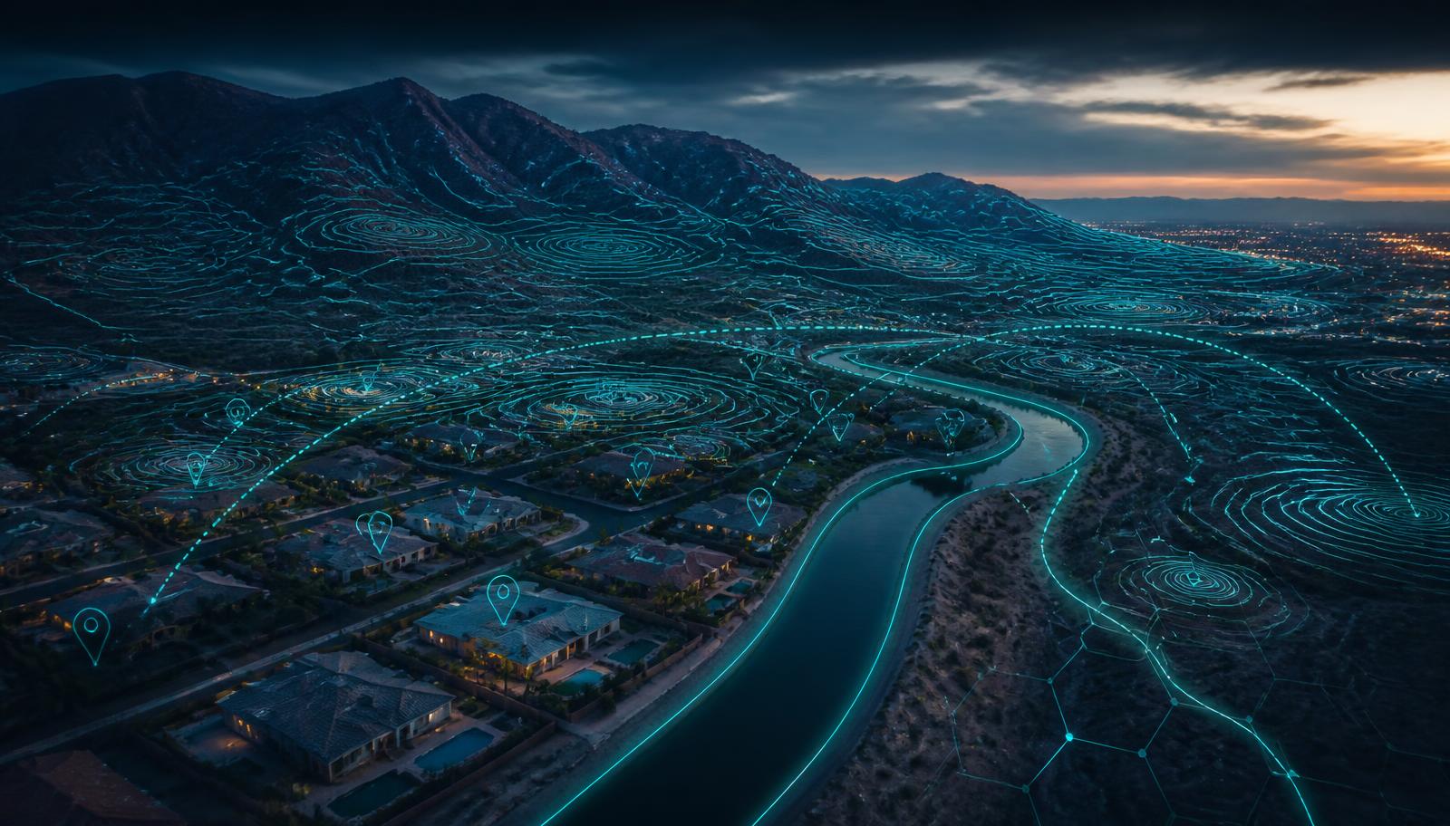 Aerial of Phoenix desert suburbia and a canal with turquoise basin overlays