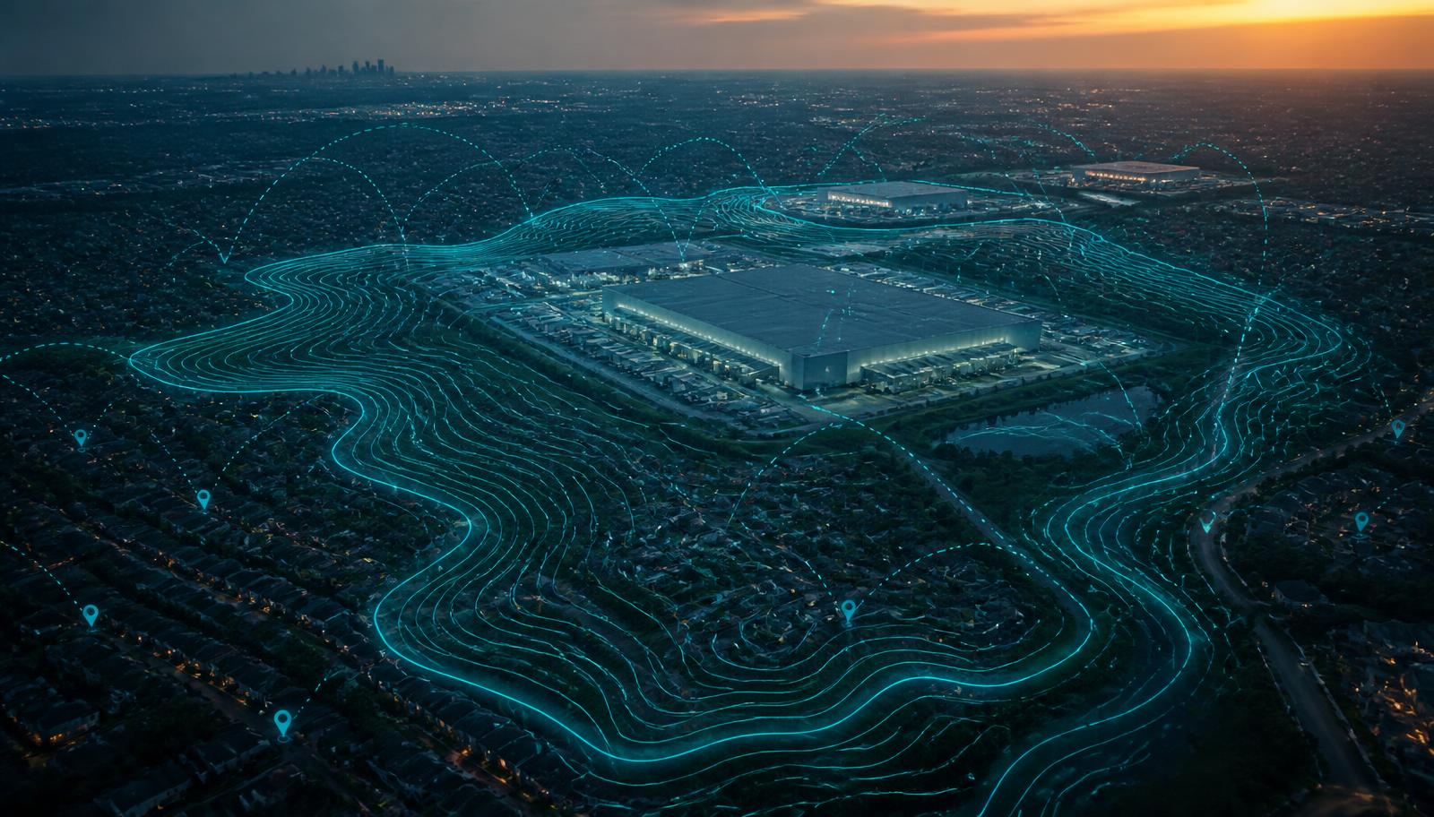 Aerial of Dallas–Fort Worth sprawl and data centers with turquoise contour overlays